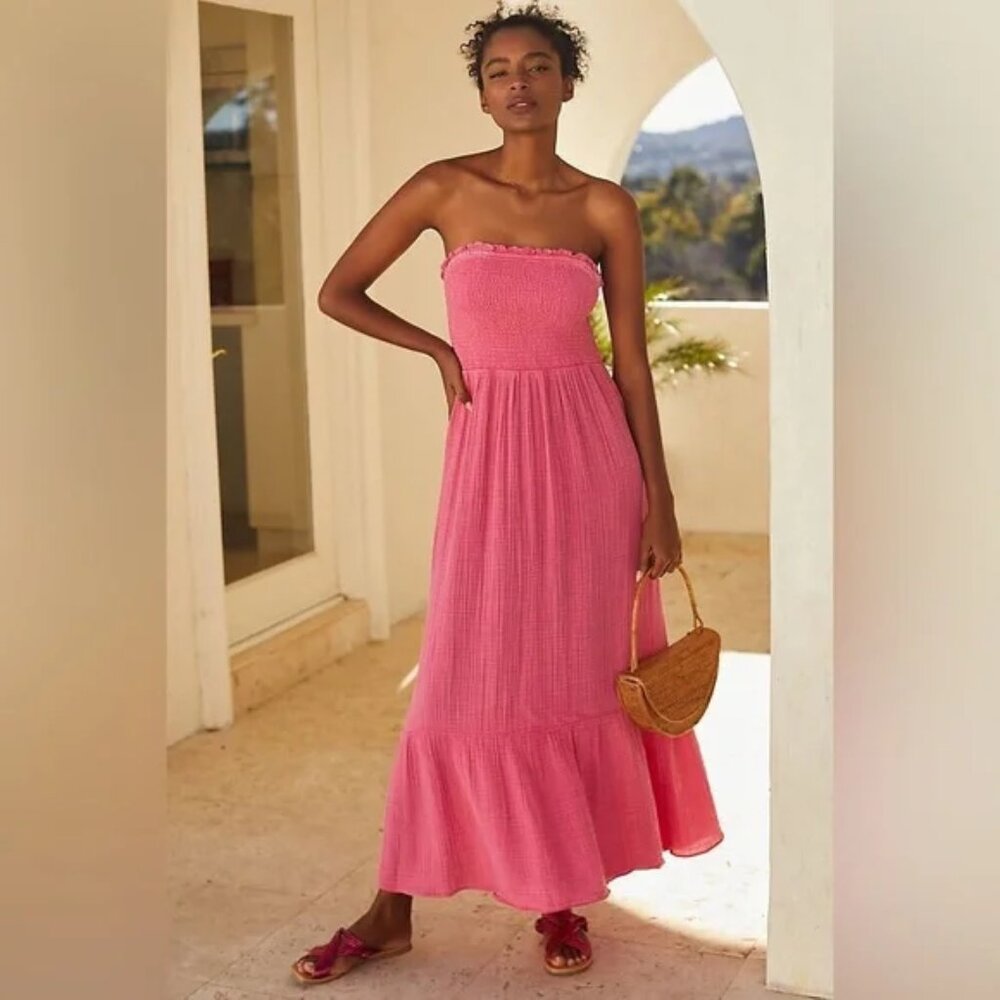 Anthropologie Marisol Smocked Gauze Maxi Dress 100% Cotton Pink Medium
